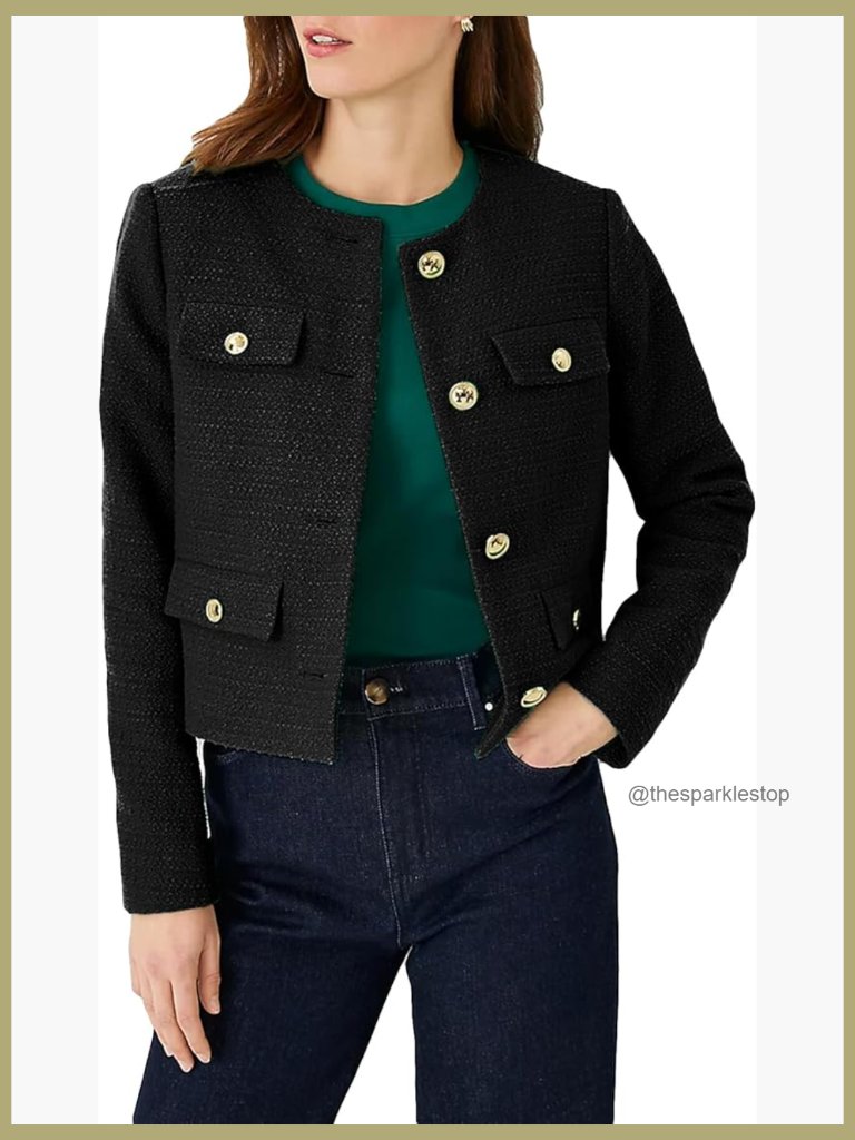 Cropped Tweed Blazer Jacket Collarless Slim Fit Polyester